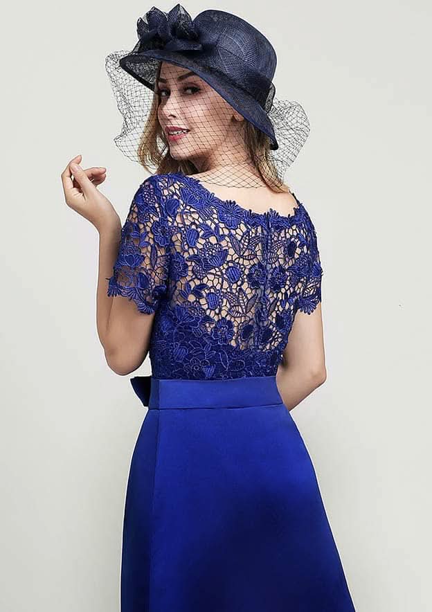 Knee-Length Lace Mother of the Bride Dress with Side Draping Waistband Beading Bowknot, Short Sleeve Scoop Neck Sheath/Column BM bride