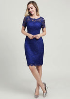 Knee-Length Lace Mother of the Bride Dress with Side Draping Waistband Beading Bowknot, Short Sleeve Scoop Neck Sheath/Column BM bride