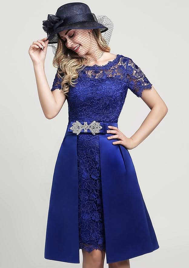 Knee-Length Lace Mother of the Bride Dress with Side Draping Waistband Beading Bowknot, Short Sleeve Scoop Neck Sheath/Column BM bride