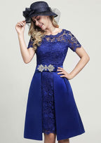 Knee-Length Lace Mother of the Bride Dress with Side Draping Waistband Beading Bowknot, Short Sleeve Scoop Neck Sheath/Column BM bride