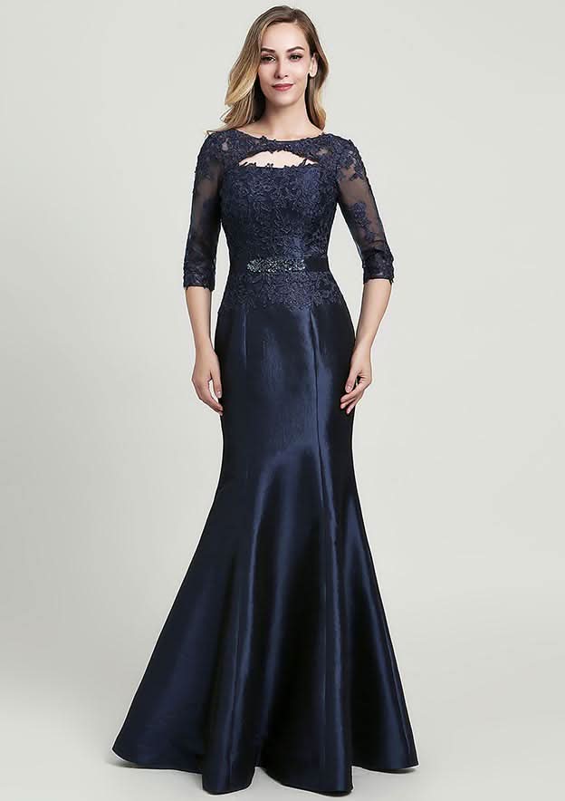 Trumpet/Mermaid Long/Floor-Length Taffeta Mother of the Bride Dress with Beading Lace, Half Sleeve Scoop Neck BM bride