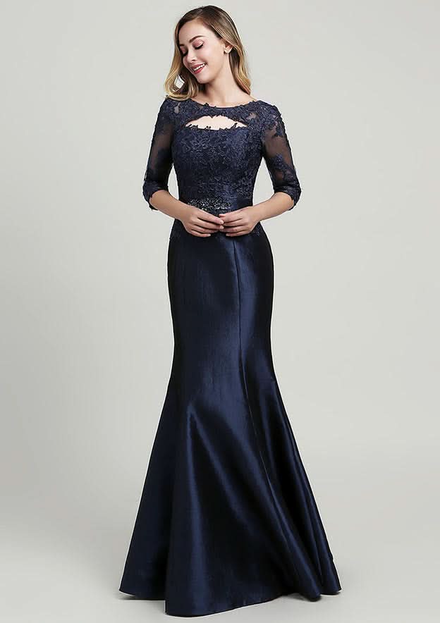 Trumpet/Mermaid Long/Floor-Length Taffeta Mother of the Bride Dress with Beading Lace, Half Sleeve Scoop Neck BM bride