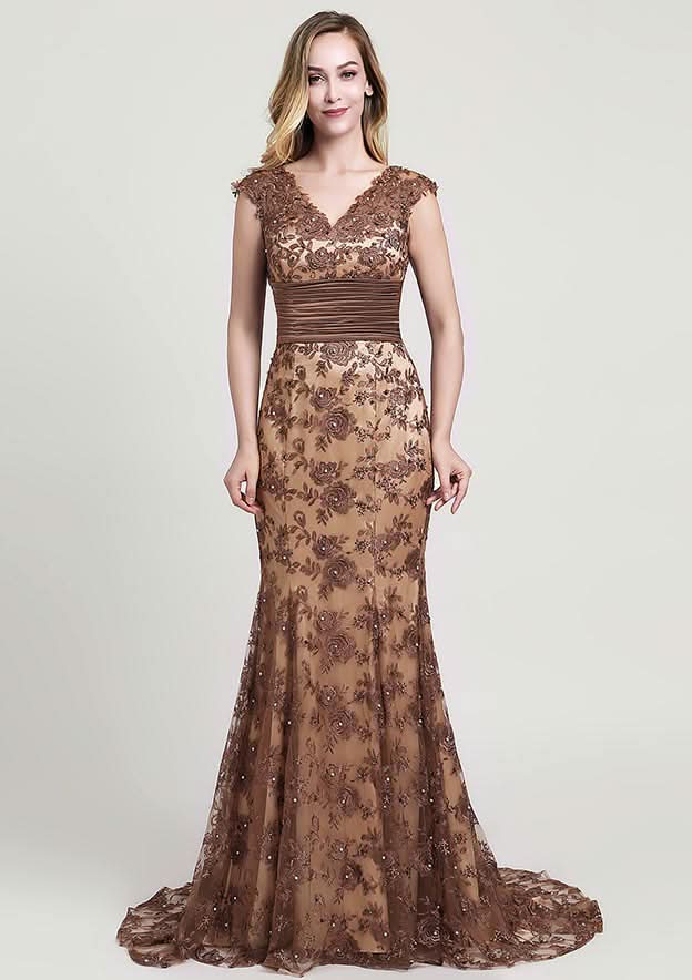 Stunning Trumpet/Mermaid Lace Evening Dress V-Neck Sleeveless Court Train With Sequins, Beading, And Pleats BM bride