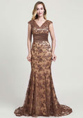Stunning Trumpet/Mermaid Lace Evening Dress V-Neck Sleeveless Court Train With Sequins, Beading, And Pleats BM bride