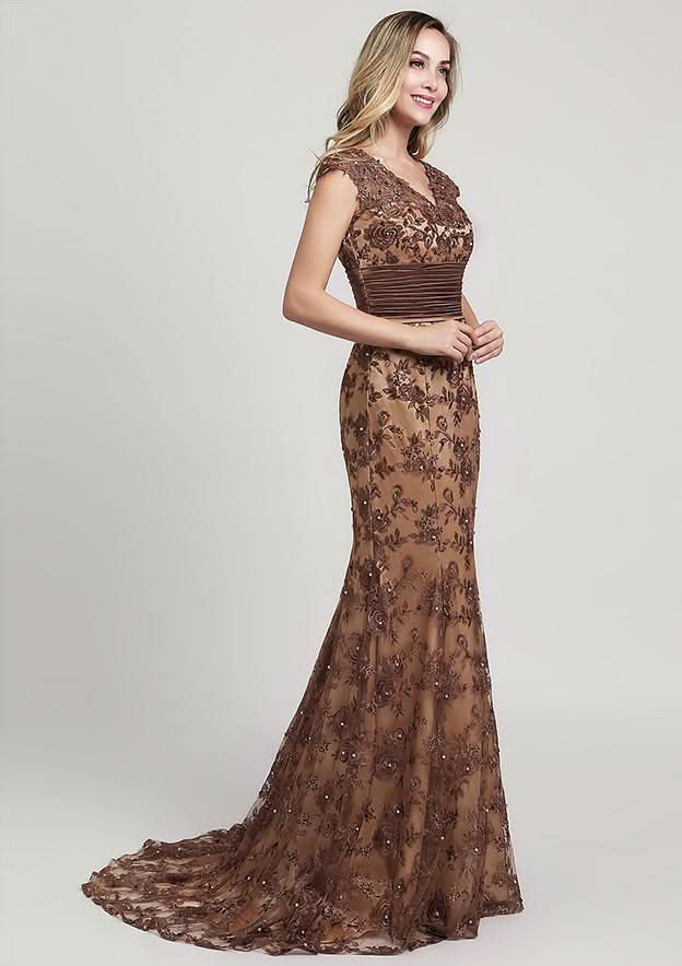 Stunning Trumpet/Mermaid Lace Evening Dress V-Neck Sleeveless Court Train With Sequins, Beading, And Pleats BM bride