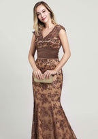 Stunning Trumpet/Mermaid Lace Evening Dress V-Neck Sleeveless Court Train With Sequins, Beading, And Pleats BM bride