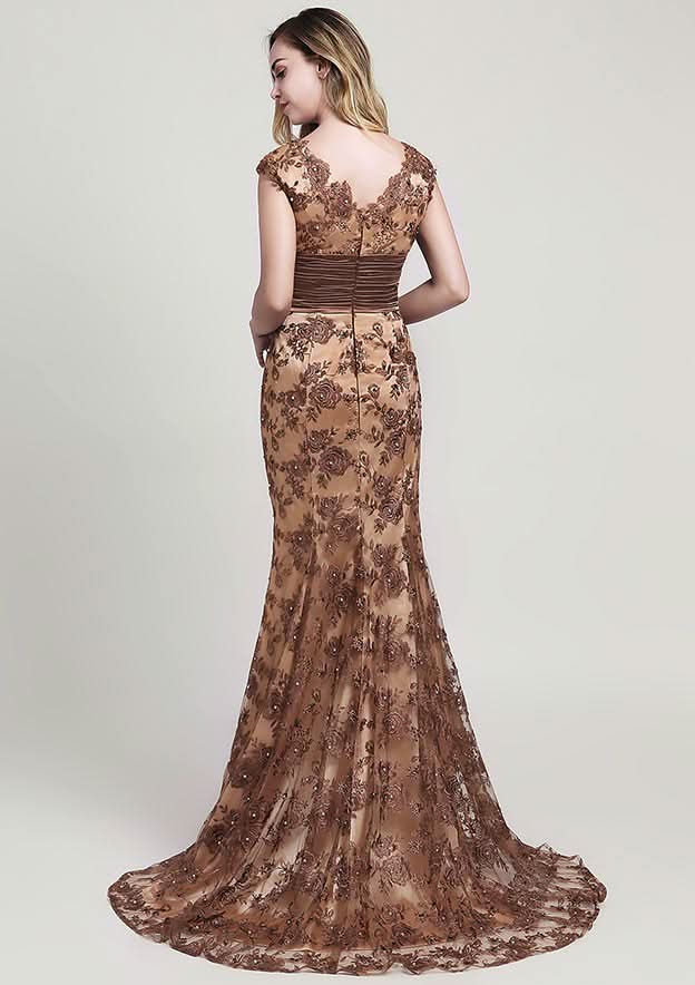 Stunning Trumpet/Mermaid Lace Evening Dress V-Neck Sleeveless Court Train With Sequins, Beading, And Pleats BM bride
