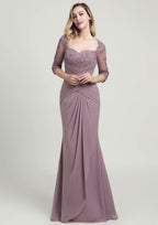 Sheath/Column Long/Floor-Length Chiffon Mother of the Bride Dress with Ruffles Lace Pleated, 3/4 Sleeve Sweetheart BM bride
