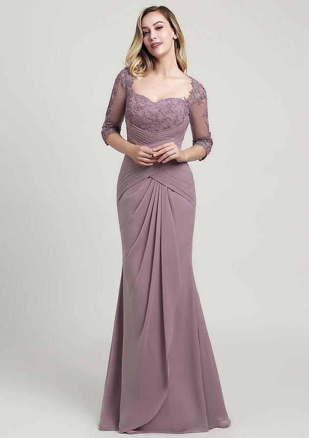 Sheath/Column Long/Floor-Length Chiffon Mother of the Bride Dress with Ruffles Lace Pleated, 3/4 Sleeve Sweetheart BM bride