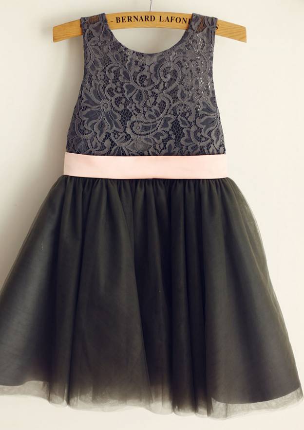 Tea-Length Tulle Sequined Flower Girl Dress with Elegant Sashes - A-line/Princess Illusion Neck BM bride