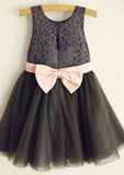 Tea-Length Tulle Sequined Flower Girl Dress with Elegant Sashes - A-line/Princess Illusion Neck BM bride
