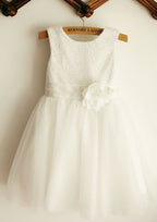 Knee-Length Chiffon Lace Dress with Goffer Details - A-line/Princess Square Neckline Flower Girl Dress BM bride
