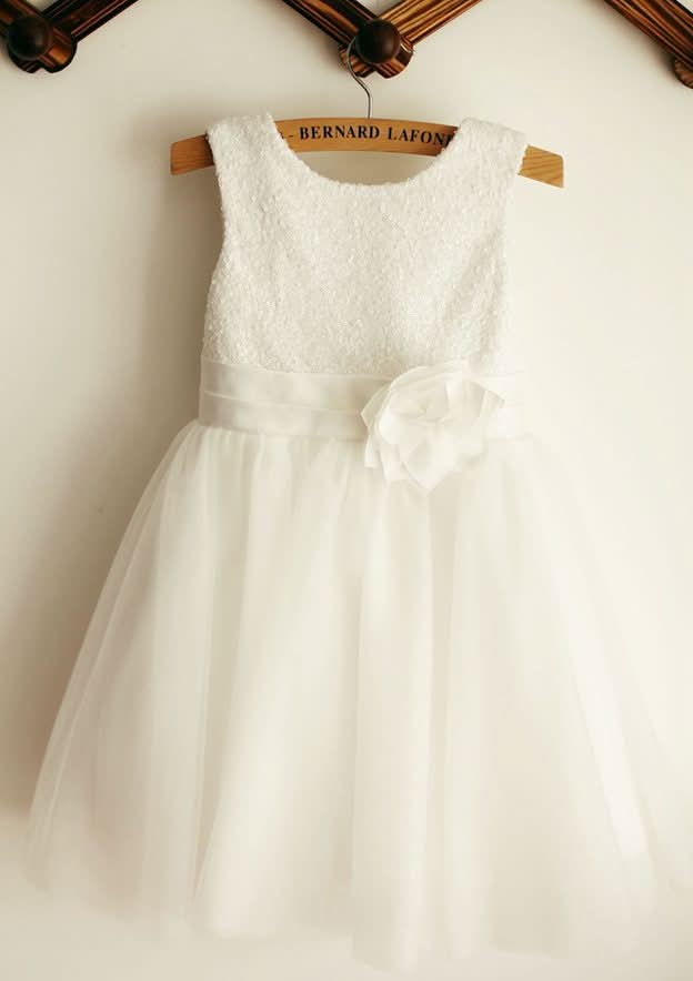 Knee-Length Chiffon Lace Dress with Goffer Details - A-line/Princess Square Neckline Flower Girl Dress BM bride