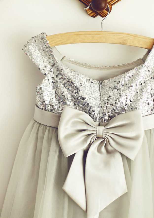 Tea-Length Lace Tulle Dress with Charming Bowknot - A-line/Princess Scoop Neck Flower Girl Dress BM bride