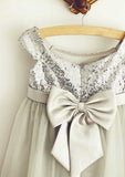 Tea-Length Lace Tulle Dress with Charming Bowknot - A-line/Princess Scoop Neck Flower Girl Dress BM bride