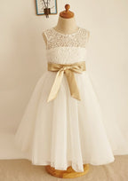 Tea-Length Lace Organza Dress with Appliqued Details - A-line/Princess Scoop Neck Flower Girl Dress BM bride
