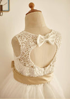 Tea-Length Lace Organza Dress with Appliqued Details - A-line/Princess Scoop Neck Flower Girl Dress BM bride