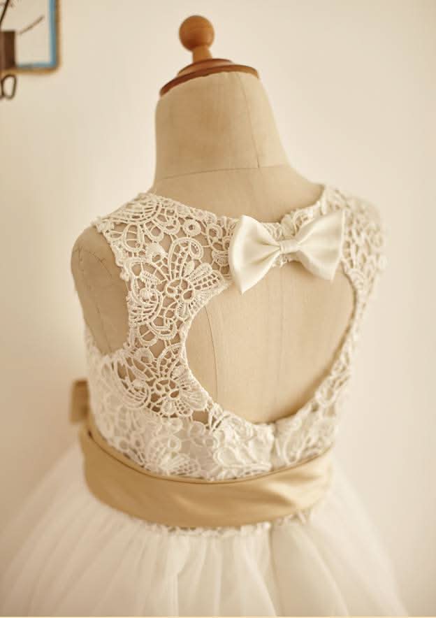 Tea-Length Lace Organza Dress with Appliqued Details - A-line/Princess Scoop Neck Flower Girl Dress BM bride