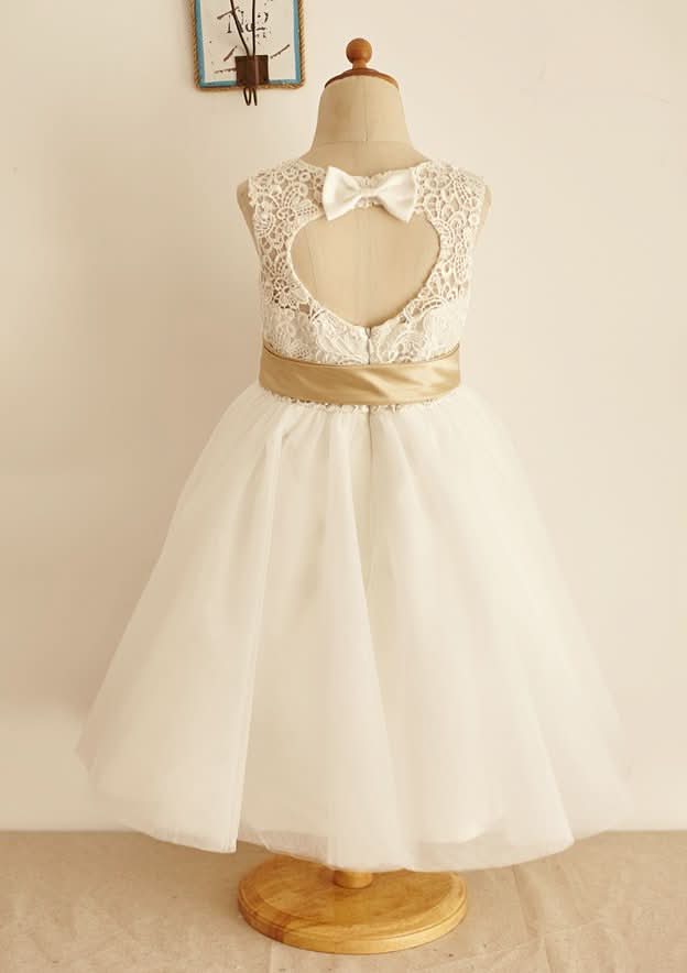 Tea-Length Lace Organza Dress with Appliqued Details - A-line/Princess Scoop Neck Flower Girl Dress BM bride