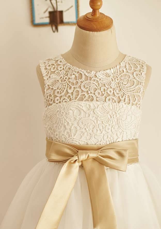 Tea-Length Lace Organza Dress with Appliqued Details - A-line/Princess Scoop Neck Flower Girl Dress BM bride