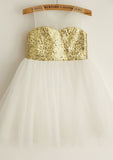 Knee-Length Tulle Sequined Flower Girl Dress with Floral Sashes - A-line/Princess Scoop Neck BM bride