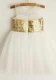 Knee-Length Tulle Sequined Flower Girl Dress with Floral Sashes - A-line/Princess Scoop Neck BM bride