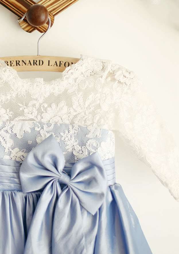 Knee-Length Satin Flower Girl Dress with Charming Bowknot - A-line/Princess Scoop Neck BM bride