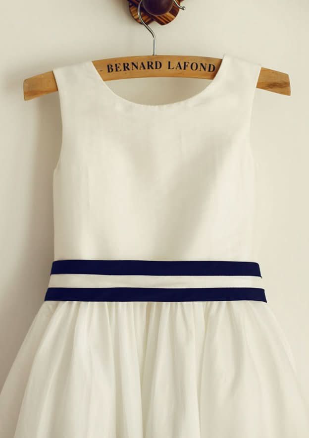 Knee-Length Taffeta Dress with Graceful Sashes - A-line/Princess Scoop Neck Flower Girl Dress BM bride