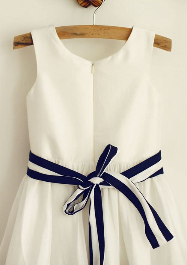 Knee-Length Taffeta Dress with Graceful Sashes - A-line/Princess Scoop Neck Flower Girl Dress BM bride