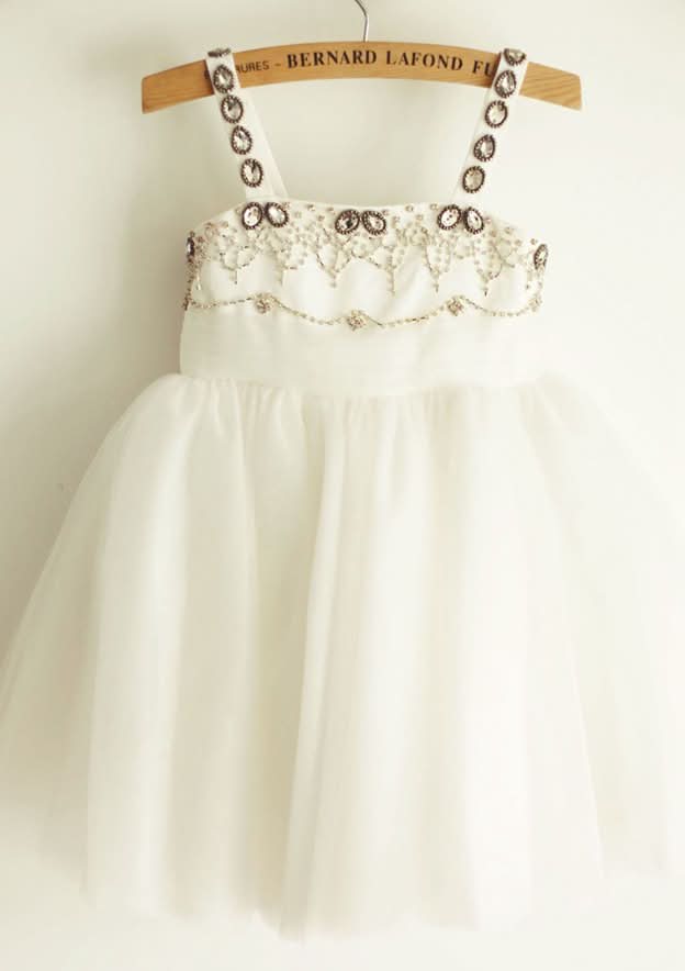 Knee-Length Satin Tulle Flower Girl Dress with Floral Accents - A-line/Princess Halter Neck BM bride