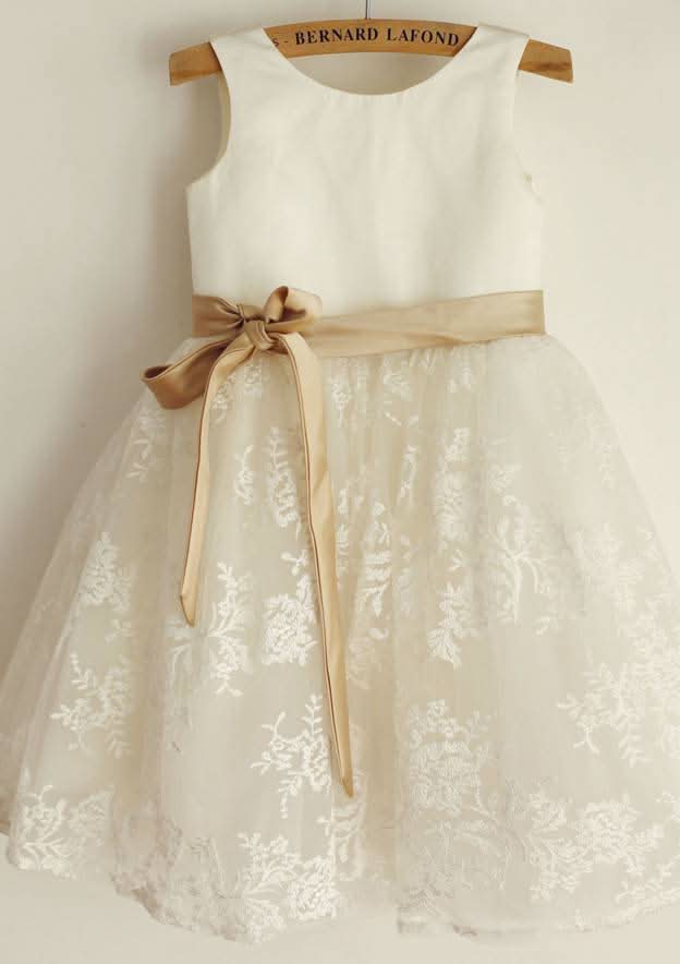 Short Sleeve Knee-Length Tulle Sequined Dress with Stylish Sashes - A-line/Princess Scoop Neck Flower Girl Dress BM bride