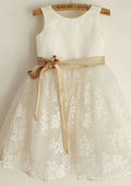 Short Sleeve Knee-Length Tulle Sequined Dress with Stylish Sashes - A-line/Princess Scoop Neck Flower Girl Dress BM bride