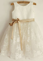 Short Sleeve Knee-Length Tulle Sequined Dress with Stylish Sashes - A-line/Princess Scoop Neck Flower Girl Dress BM bride