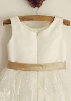 Short Sleeve Knee-Length Tulle Sequined Dress with Stylish Sashes - A-line/Princess Scoop Neck Flower Girl Dress BM bride