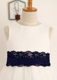 Tea-Length Lace Tulle Flower Girl Dress with Bowknot Sashes - A-line/Princess Scoop Neck BM bride