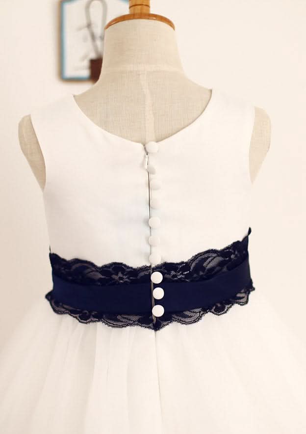 Tea-Length Lace Tulle Flower Girl Dress with Bowknot Sashes - A-line/Princess Scoop Neck BM bride