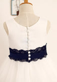 Tea-Length Lace Tulle Flower Girl Dress with Bowknot Sashes - A-line/Princess Scoop Neck BM bride