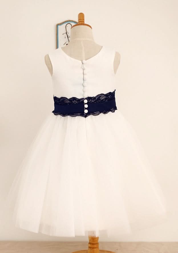 Tea-Length Lace Tulle Flower Girl Dress with Bowknot Sashes - A-line/Princess Scoop Neck BM bride