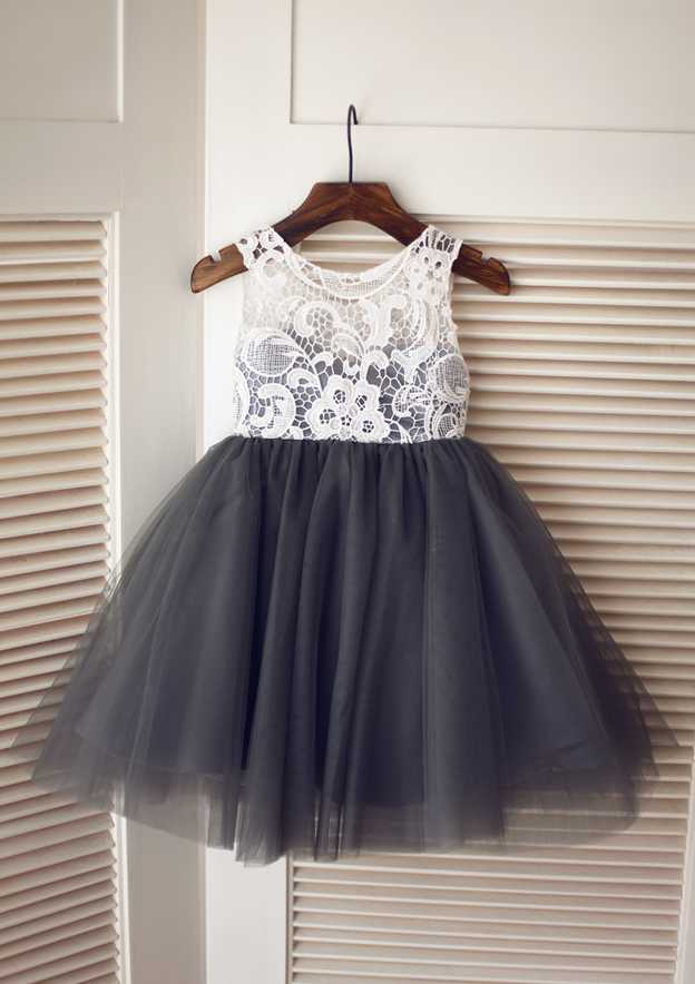 Knee-Length Tulle Sequined Flower Girl Dress with Floral Accents - Short Sleeve A-line/Princess Scoop Neck BM bride
