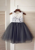 Knee-Length Tulle Sequined Flower Girl Dress with Floral Accents - Short Sleeve A-line/Princess Scoop Neck BM bride