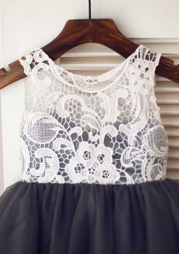 Knee-Length Tulle Sequined Flower Girl Dress with Floral Accents - Short Sleeve A-line/Princess Scoop Neck BM bride