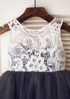 Knee-Length Tulle Sequined Flower Girl Dress with Floral Accents - Short Sleeve A-line/Princess Scoop Neck BM bride
