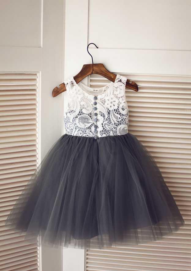 Knee-Length Tulle Sequined Flower Girl Dress with Floral Accents - Short Sleeve A-line/Princess Scoop Neck BM bride
