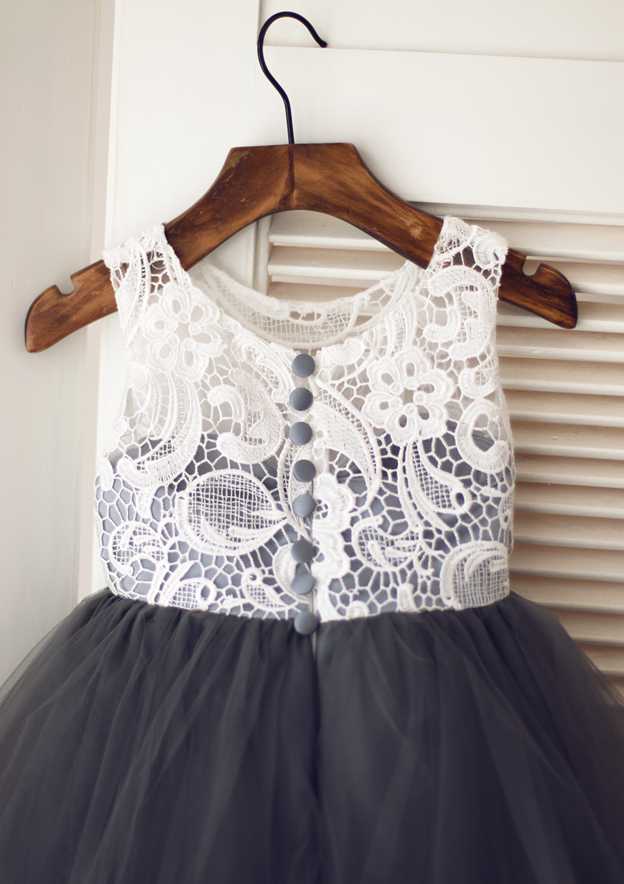 Knee-Length Tulle Sequined Flower Girl Dress with Floral Accents - Short Sleeve A-line/Princess Scoop Neck BM bride