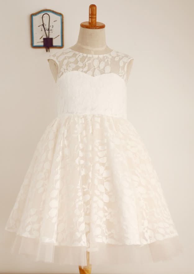 Tea-Length Lace A-line/Princess Scoop Neck Flower Girl Dress BM bride