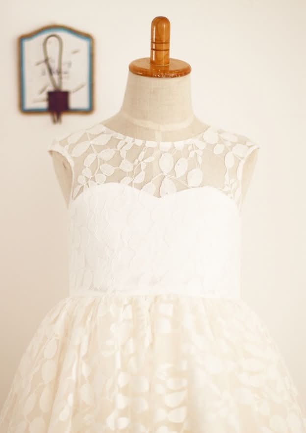 Tea-Length Lace A-line/Princess Scoop Neck Flower Girl Dress BM bride