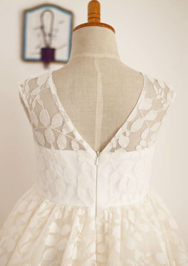 Tea-Length Lace A-line/Princess Scoop Neck Flower Girl Dress BM bride