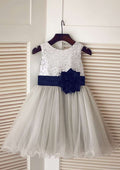 Tea-Length Lace Tulle Flower Girl Dress with Appliqued Details - A-line/Princess Illusion Neck BM bride