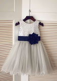 Tea-Length Lace Tulle Flower Girl Dress with Appliqued Details - A-line/Princess Illusion Neck BM bride