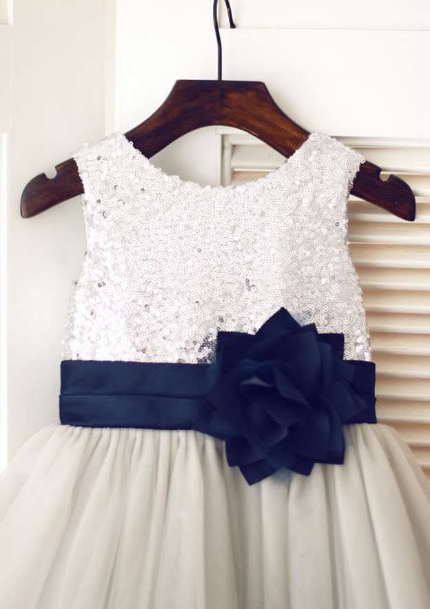 Tea-Length Lace Tulle Flower Girl Dress with Appliqued Details - A-line/Princess Illusion Neck BM bride